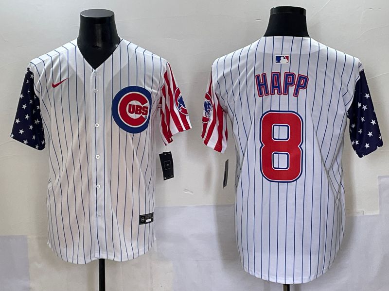 Men 2025 Chicago Cubs #8 Happ White Stripe a generation of national flags Joint Name Nike MLB Jersey style 1